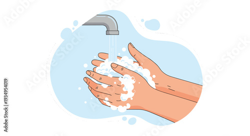 Close up illustration of human hands being washed with soap under a flowing water tap for hygiene and safety.