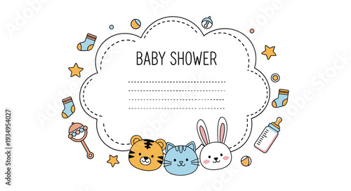 Baby shower invitation card template with a cloud frame, cute animal faces and various baby accessories in soft colors.