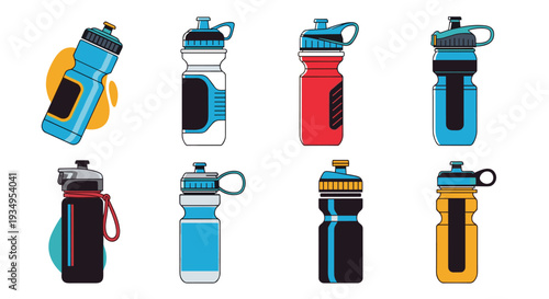 Collection of eight different plastic sports water bottle designs in various colors for fitness and hydration.