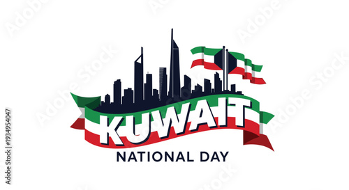 Kuwait National Day celebration design featuring the city skyline silhouette, national flag and bold typography.
