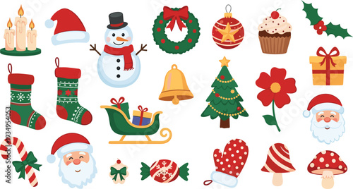 Christmas, Holiday, Vector, Flat, Illustration, Icon, Set, Santa, Snowman, Tree, Ornament, Gift, Sock, Candy, Wreath, Bell, Sleigh, Mittens, Decorative, Collection