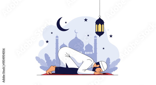 Illustration of a Muslim man praying on a rug with a mosque silhouette, crescent moon and lantern in the background.
