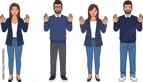 Business people showing open hands gesture, stop or transparency concept illustration isolated on white background design