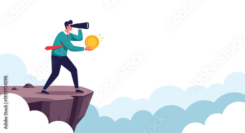 Successful businessman on a cliff edge looking through a telescope while holding a large gold coin above the clouds.