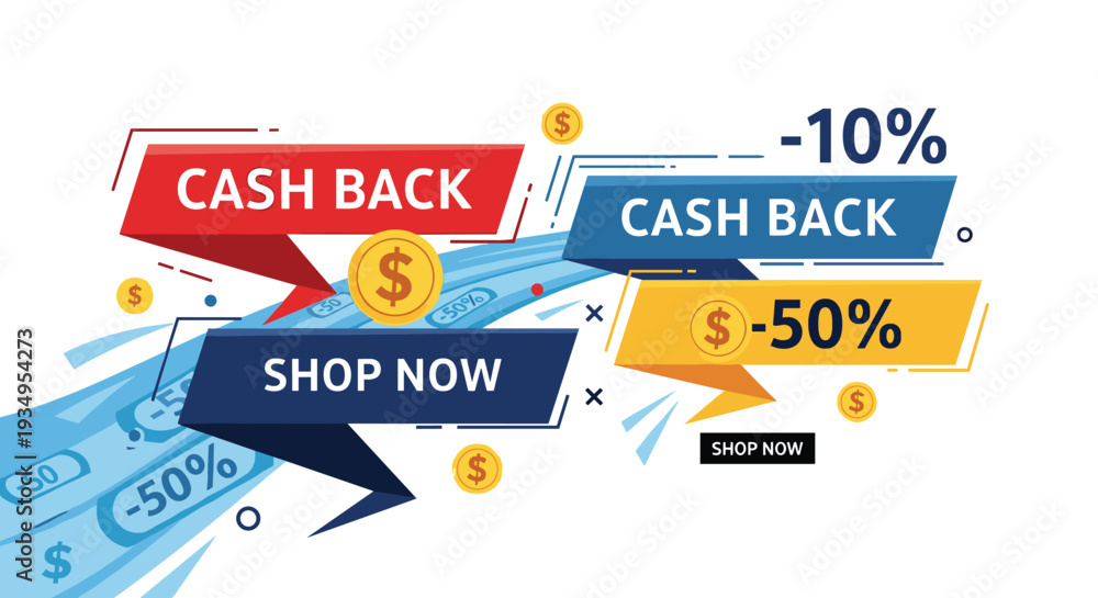 Fototapeta premium Promotional banners for cashback offers and shopping discounts featuring colorful ribbons and shiny gold coins for marketing.