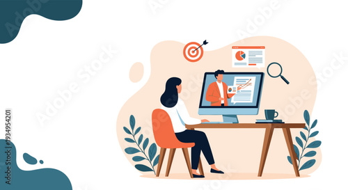 Business woman working from home while watching an online educational presentation or webinar on a desktop computer.