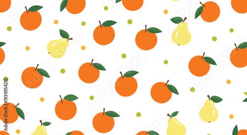 Seamless background pattern with oranges pears and colorful dots on a white backdrop for fabric and wallpaper designs.