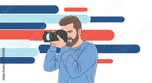 Professional photographer taking a picture with a digital camera against a background of colorful horizontal lines.
