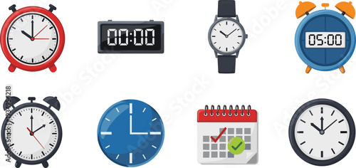 Clock, Icon, Set, Watch, Time, Alarm, Calendar, Digital, Analog, Deadline, Schedule, Management, Vector, Flat, Illustration, Minute, Hour, Isolated, Blue, Red