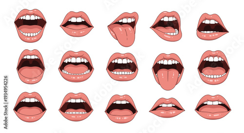 Collection of human mouth and lip expressions showing various emotions and actions like speaking singing or laughing.