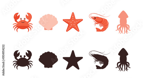 Vector illustration of various seafood icons including crab shell starfish shrimp and squid with their black silhouettes.