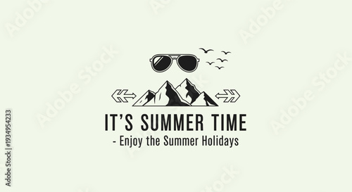 Summer holiday typography design featuring mountain peaks sunglasses and birds for travel and outdoor adventure themes.