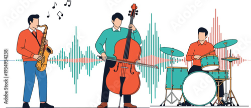 Jazz band musicians playing saxophone double bass and drums with sound wave background for live music performance concert and entertainment event concept