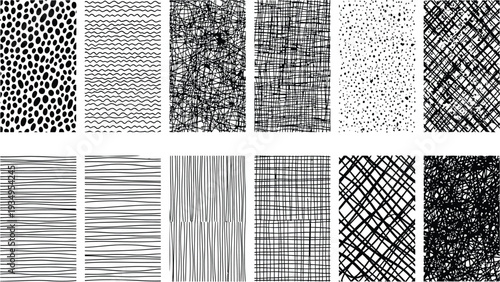 Large Collection of Hand Drawn Abstract Monochrome Textures and Seamless Patterns Featuring Crosshatch Dots Lines and Gritty Charcoal Scribbles for Graphic Design