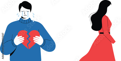 Sad man crying and holding a broken heart symbol while a woman walks away representing emotional breakup divorce separation and relationship problems
