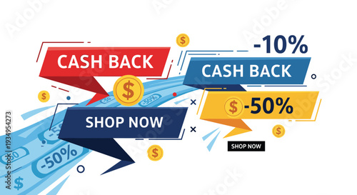 Promotional banners for cashback offers and shopping discounts featuring colorful ribbons and shiny gold coins for marketing.