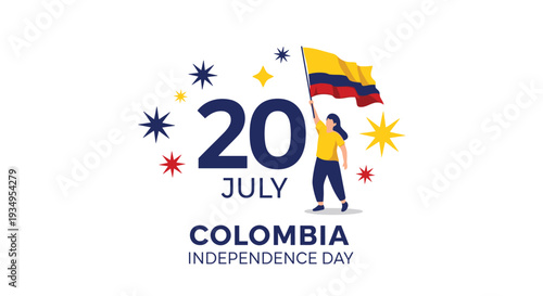 Celebration of Colombia Independence Day on July 20th featuring a person waving the national flag with decorative stars.