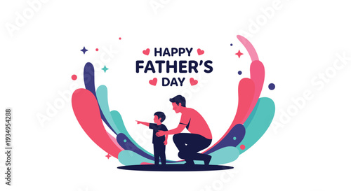 Happy Father's Day greeting with a silhouette of a father and son against a colorful abstract liquid background.