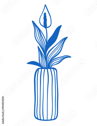 Peace Lily Houseplant in Vase. Minimal Line Illustration. Spathiphyllum Houseplant Hand drawn Vector Illustrations