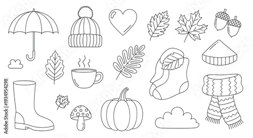 Autumn themed coloring book elements featuring a pumpkin umbrella rain boot leaves acorns and cozy items in line art.