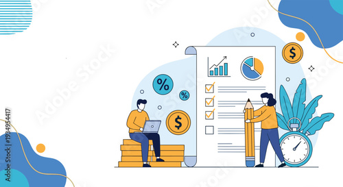 Business people working on financial planning and audit using a large checklist report and a digital calculator.