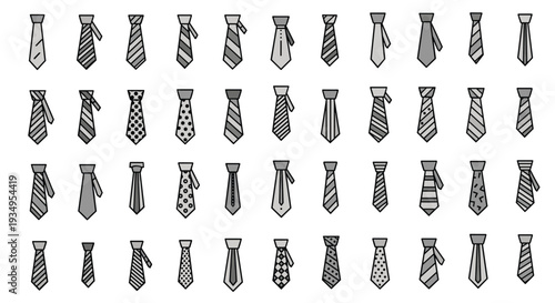Large collection of men's necktie patterns and styles in grey and black for formal wear and business fashion.