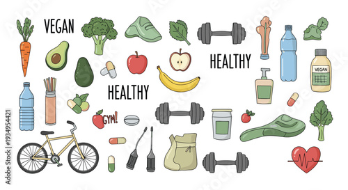 Large collection of icons representing a healthy lifestyle including vegan food fitness equipment and sports activities.
