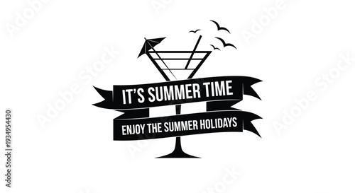 Summer holiday typography with a cocktail glass umbrella and seagulls in black and white silhouette for beach themes.