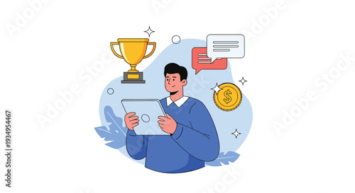 Successful man using a digital tablet surrounded by a trophy gold coin and chat bubbles for business achievement.
