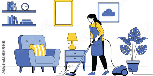 Professional woman cleaner in apron vacuuming living room floor with vacuum cleaner machine for home hygiene maintenance and domestic housekeeping services concept