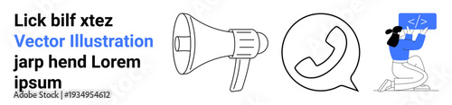 Digital marketing, coding skills, software development, online communication, technology, team collaboration. Features a megaphone, phone call symbol and a programmer at a desktop. Digital marketing
