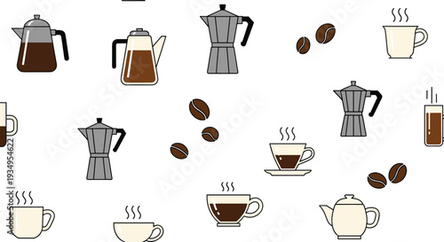 Seamless background pattern featuring various types of coffee pots moka express machines steaming cups and roasted coffee beans.