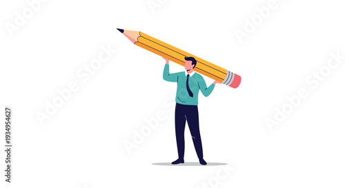 Professional man dressed in business attire carrying a large yellow pencil on his shoulders symbolizing creativity and education.