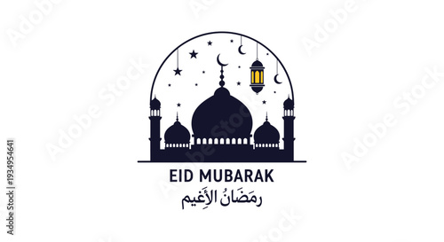 Minimalist eid mubarak greeting card design featuring a dark mosque silhouette under a starry sky with crescent moon and calligraphy.