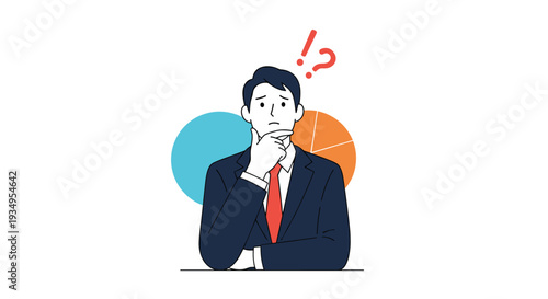 Concerned businessman in a suit with a hand on his chin thinking deeply about data presented in colorful pie charts and bar graphs.