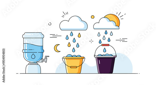 Educational graphic showing the process of collecting rainwater in buckets from clouds with sun and moon icons for day and night.