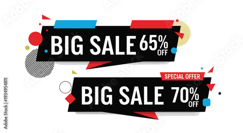 Two creative sale banners for sixty five and seventy percent discounts featuring bold text overlapping black bars and colorful shapes.