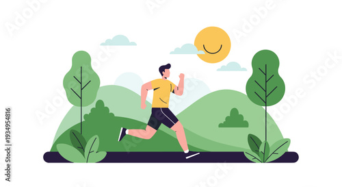 Active man jogging along a path in a beautiful green park with rolling hills trees and a smiling sun in the bright blue sky.