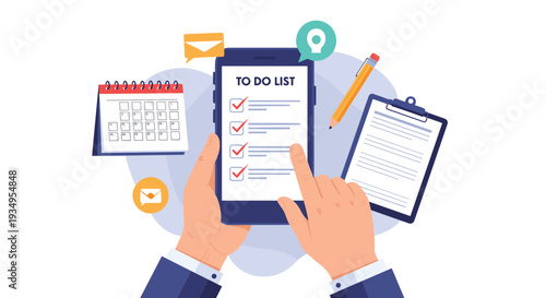 Hands using a to do list application on a smartphone surrounded by a calendar notepad pencil and mail icons on a blue background.
