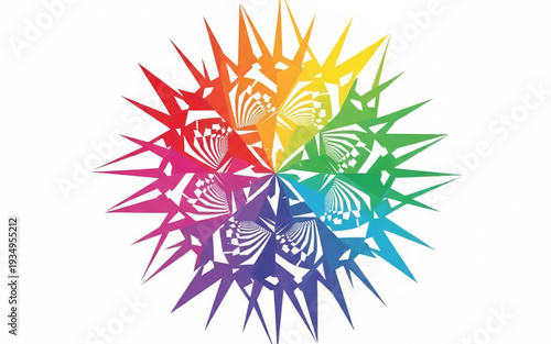 Vibrant rainbow-colored abstract shapes forming a symmetrical pattern with splines and curves from a central viewpoint