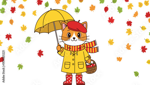 Flat vector illustration of a cute cartoon cat wearing a yellow raincoat and red beret holding an umbrella and apple basket.