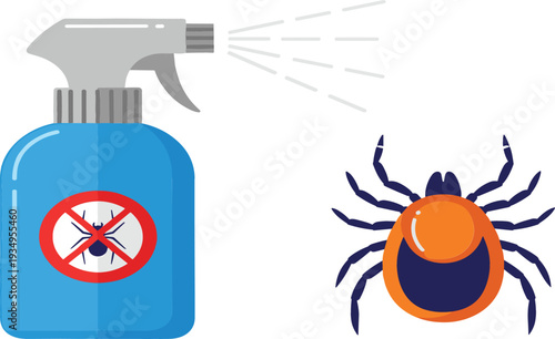 Flat vector illustration of a blue insecticide spray bottle with a red strikeout icon being used to eliminate a dangerous parasitic tick.