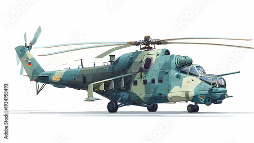 Flat vector illustration of a powerful military combat helicopter, featuring a tactical camouflage design and ready for strategic air operations and defense missions