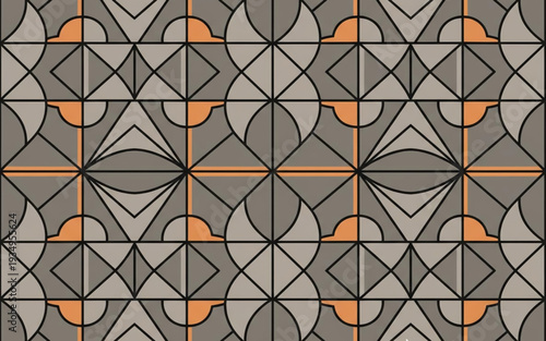 Geometric pattern featuring intersecting shapes and lines in a repeating design with orange and gray tones