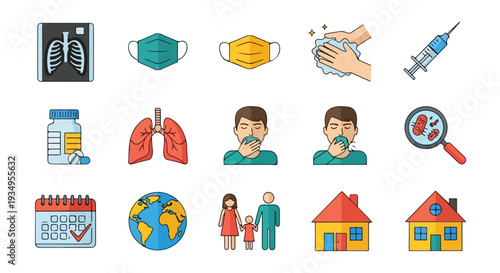 Colorful flat lay of World Tuberculosis Day icons featuring masks, lungs, and medical supplies on a white background with a global health theme