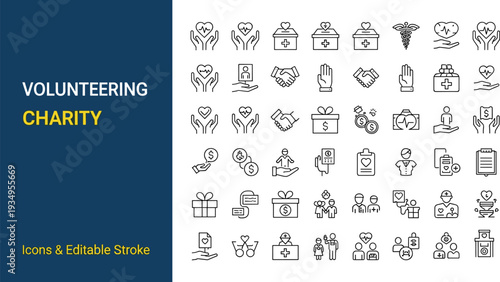 Set of Volunteering and Charity Icons, Humanitarian Aid Symbols, Helping Hands, Donation Boxes, Heart Care, Community Support and Philanthropy Concepts