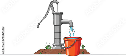 Flat vector illustration of a traditional manual hand water pump drawing fresh water into an orange bucket on a rural ground.