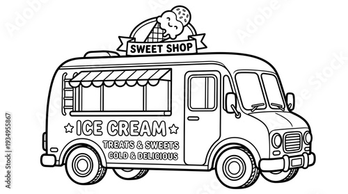 Black and white line art illustration of an ice cream truck with a banner and cone on top.