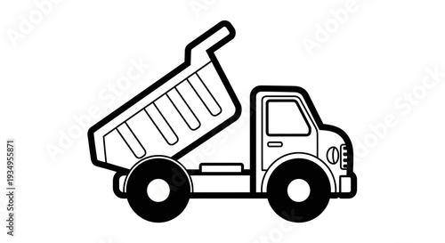 Black and White Illustration of a Dump Truck with Raised Bed