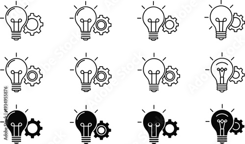 Innovation icon set featuring light bulbs and gears for  thinking problem solving industrial engineering brainstorming logic technical development strategic planning and business idea generation,